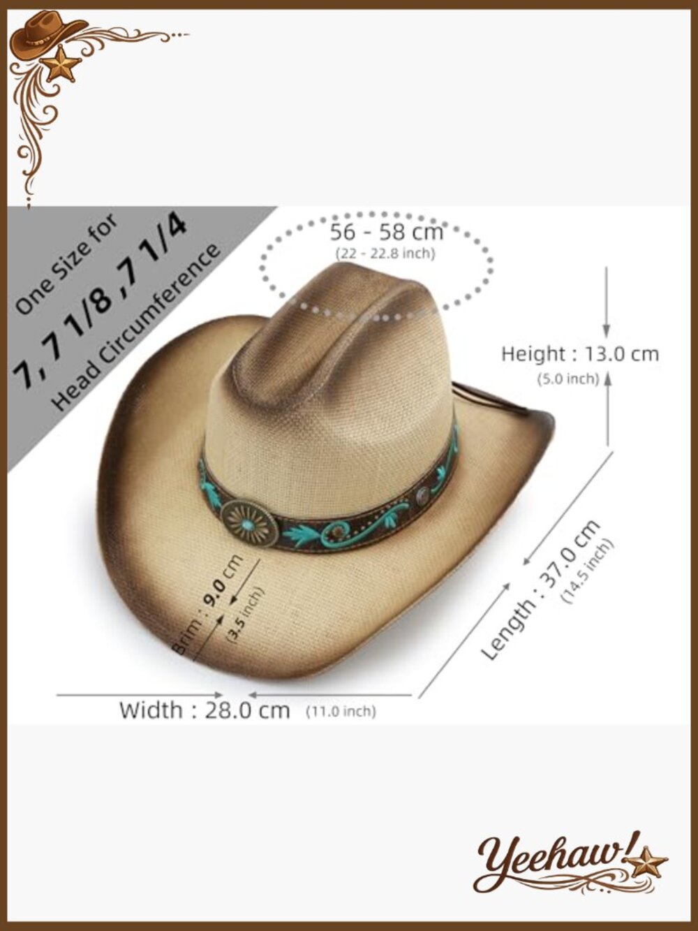 Straw Cowboy Hat Unisex Adjustable Fit Western Style Sun Protection - Picture 4 of 7